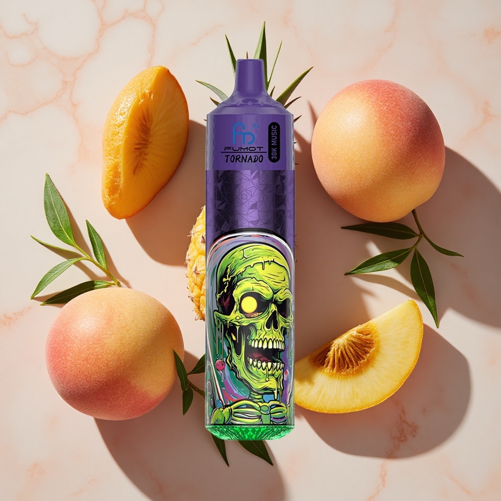 Fumot RandM Tornado 30000 Puffs Vienreizlietojamais Vape Persiku Mango Ananāsu (30mL, 2%/5% nikotīns)