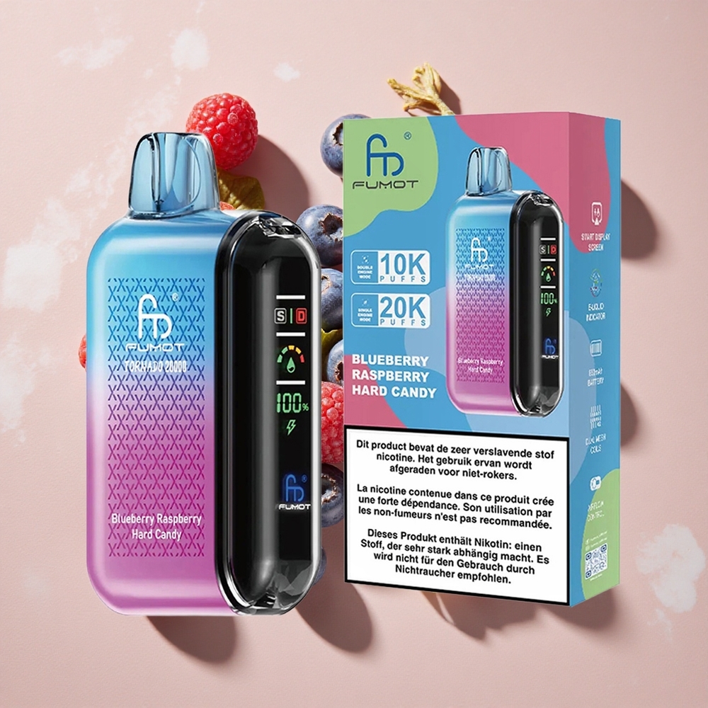 Fumot Tornado 20000 Puffs Vienreizlietojamais Vape Zilā Aveņa Cietā Konfekte ar 20ml EŠķidruma Ietilpību