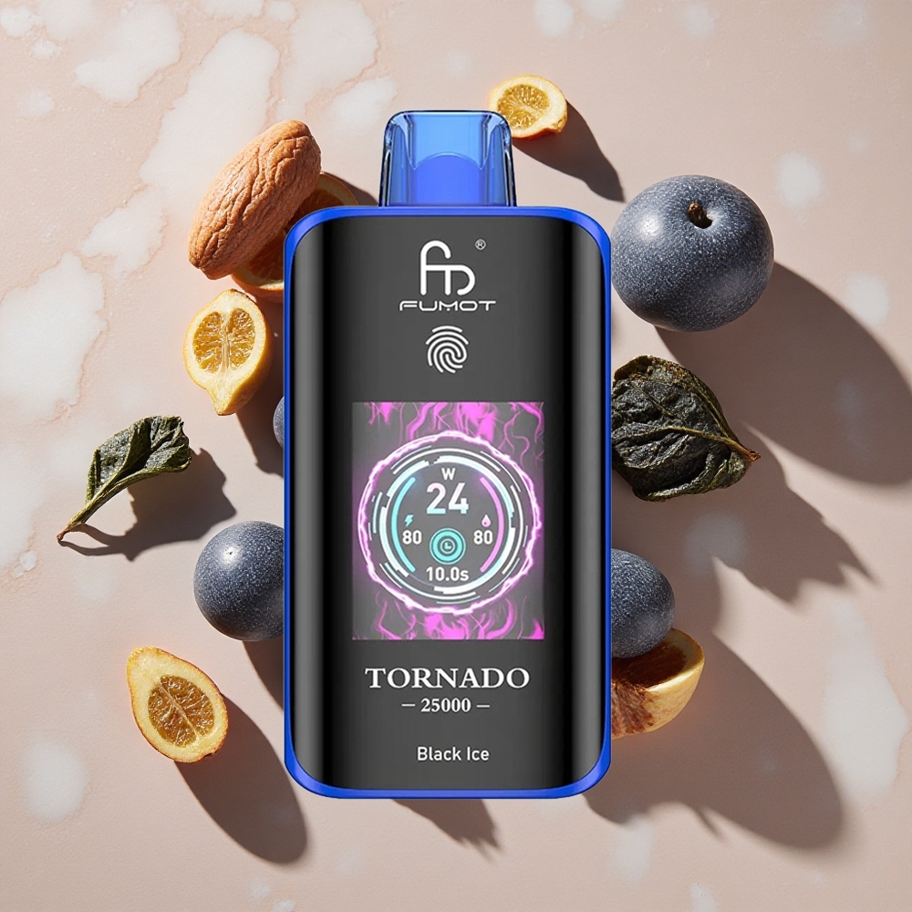 Fumot Tornado 25000 Puffs Vienreizlietojamais Vape Melnais Ledus ar HD ekrānu un Type-C uzlādi