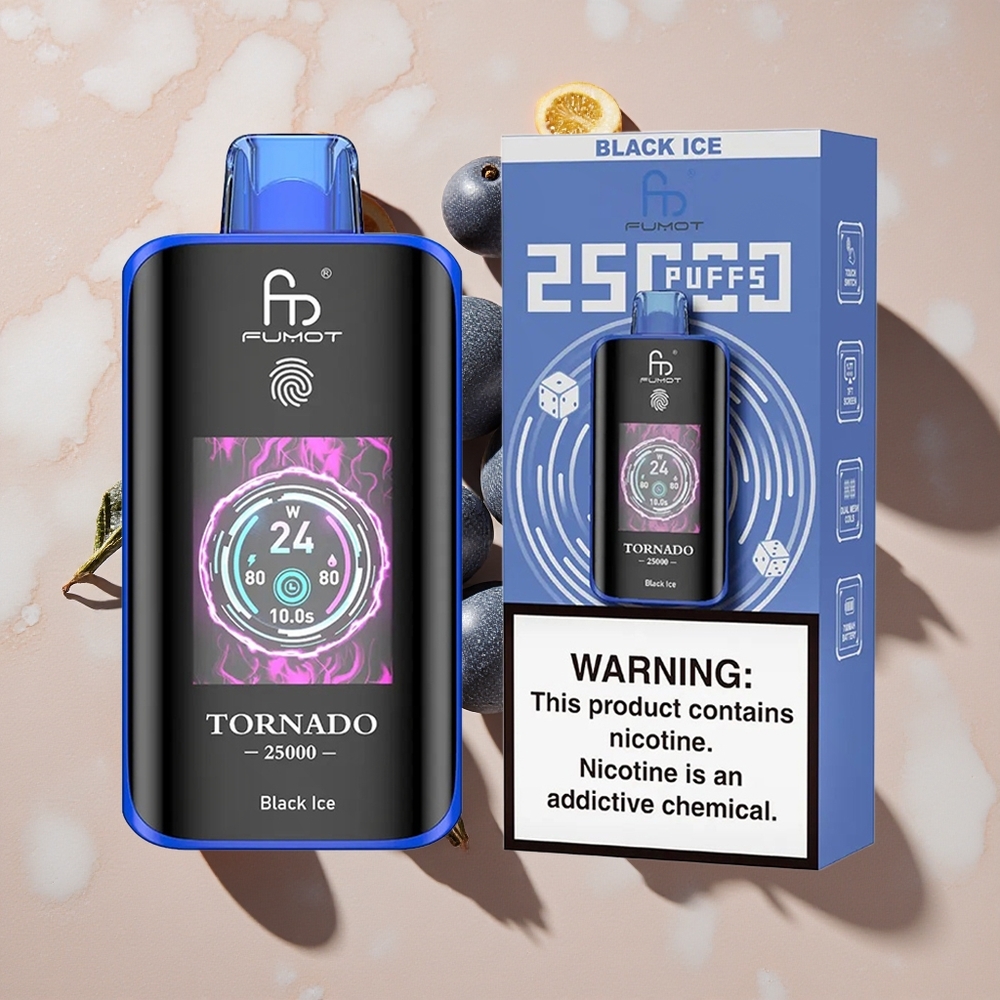 Fumot Tornado 25000 Puffs Vienreizlietojamais Vape Melnais Ledus ar HD ekrānu un Type-C uzlādi
