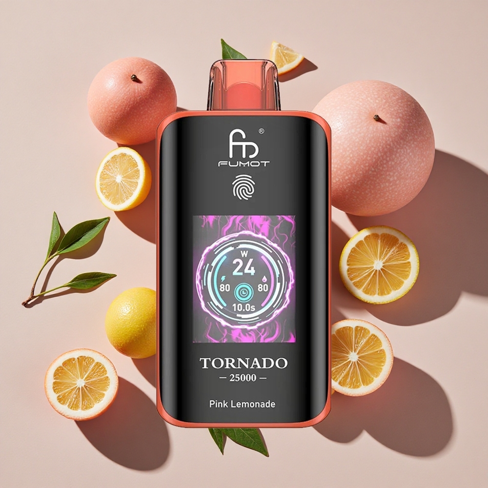 Fumot Tornado 25000 Puffs Vienreizlietojamais Vape Rozā Limonāde ar 700mAh Uzlādējamo Bateriju un HD Ekrānu