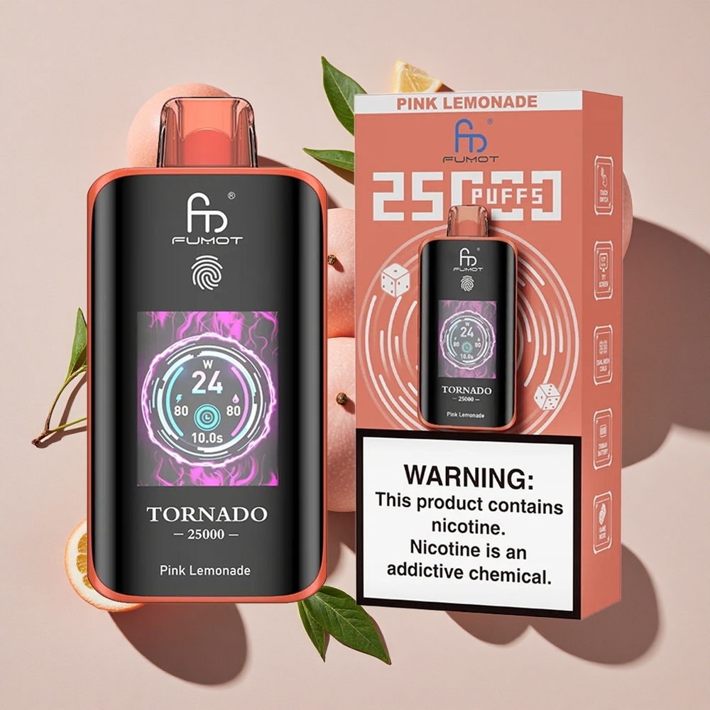 Fumot Tornado 25000 Puffs Vienreizlietojamais Vape Rozā Limonāde ar 700mAh Uzlādējamo Bateriju un HD Ekrānu