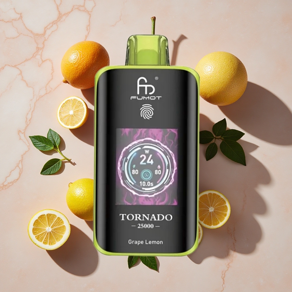Fumot Tornado 25000 Puffs Vienreizlietojamais Vape Vīnogu Citrons ar HD ekrānu un 700mAh bateriju