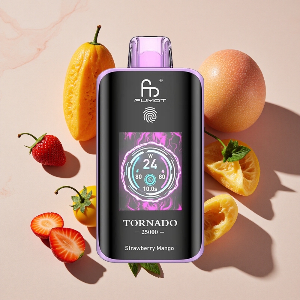 Fumot Tornado 25000 Puffs Vienreizlietojamais Vape Zemenes Mango ar HD ekrānu un 700mAh bateriju