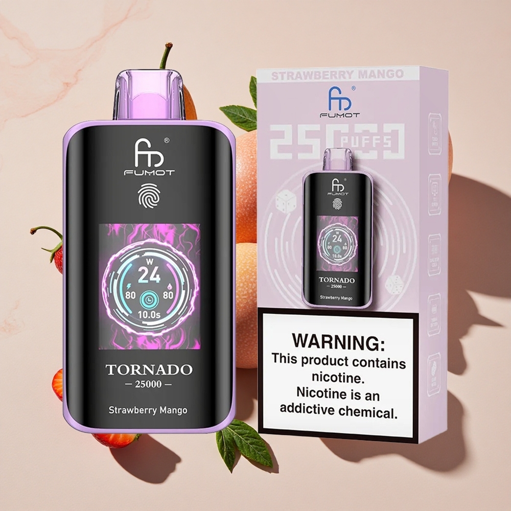 Fumot Tornado 25000 Puffs Vienreizlietojamais Vape Zemenes Mango ar HD ekrānu un 700mAh bateriju