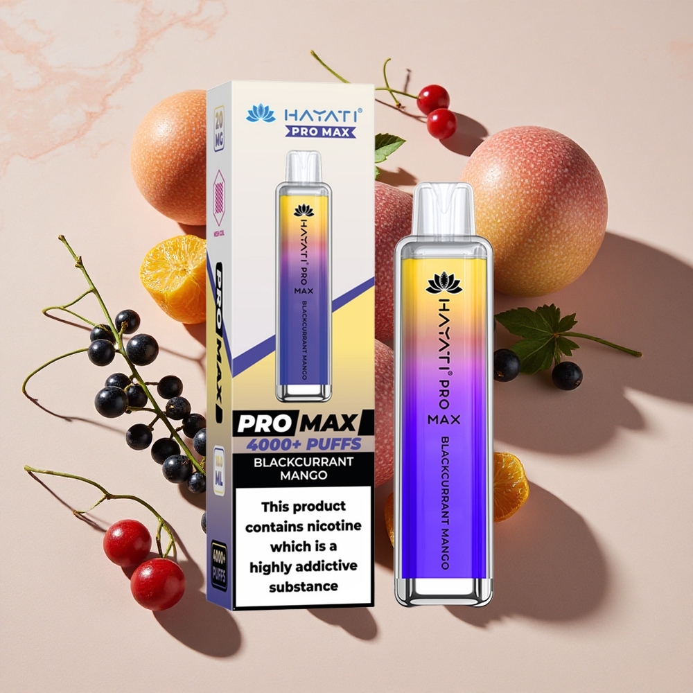 Hayati Pro Max 4000 Puffs Vape Melnais Kassis Mango (2%, 5% Nikotīna)