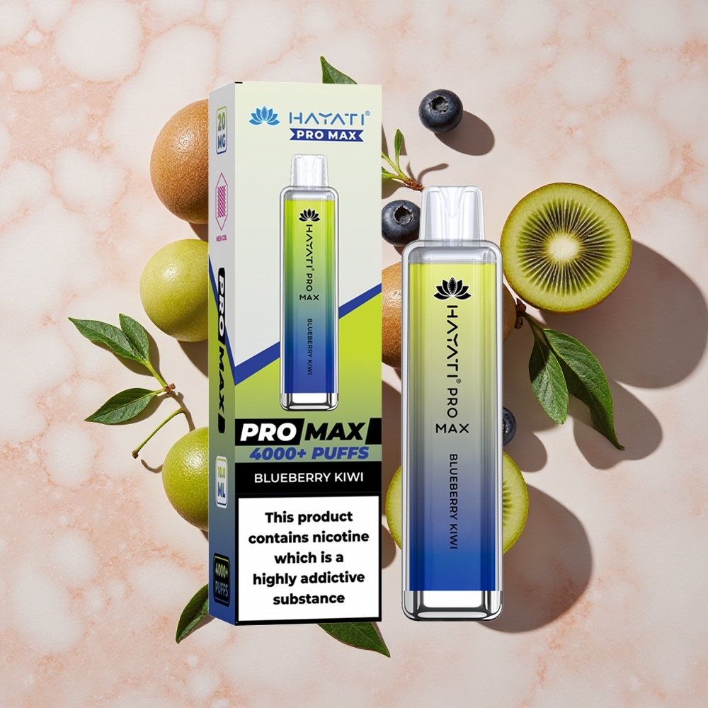 Hayati Pro Max 4000 Puffs Vape Zilā Oga & Kivi (28×28×120mm, Līdz 4000 Puffi)