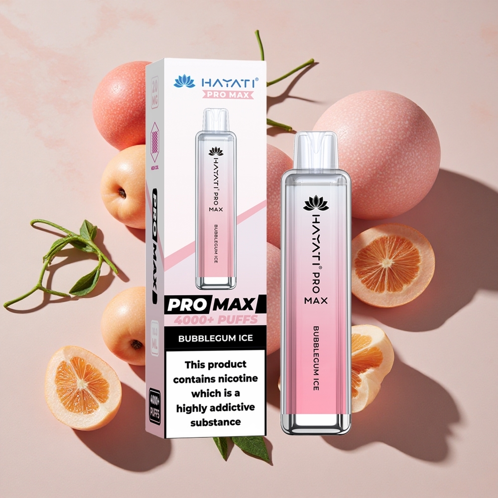 Hayati Pro Max 4000 Puffs Vienreizlietojamais Vape Bubblegum Ledus (28×28×120mm, 2%, 5% Nikotīna)